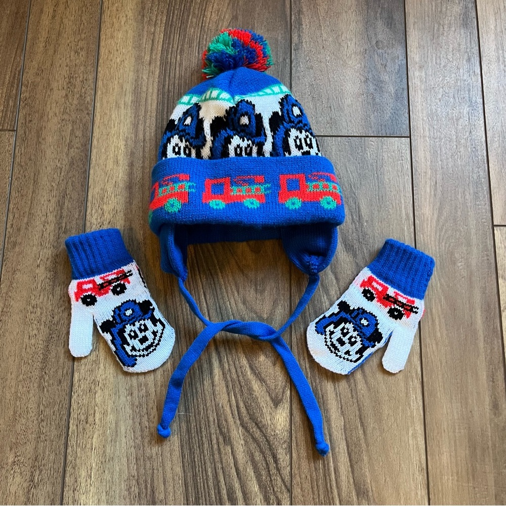 Vintage Disney Mickey Mouse Winter Pompom Hat and Mittens with Fire Trucks